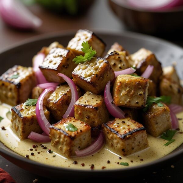 Grilled cubes of soya chaap marinated in house-made malai marinade, tossed with onions & pepper.