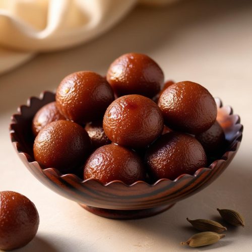 Gulab jamun is a classic Indian sweet made with milk solids, sugar, rose water & cardamom powder. Display nicely in a bowl